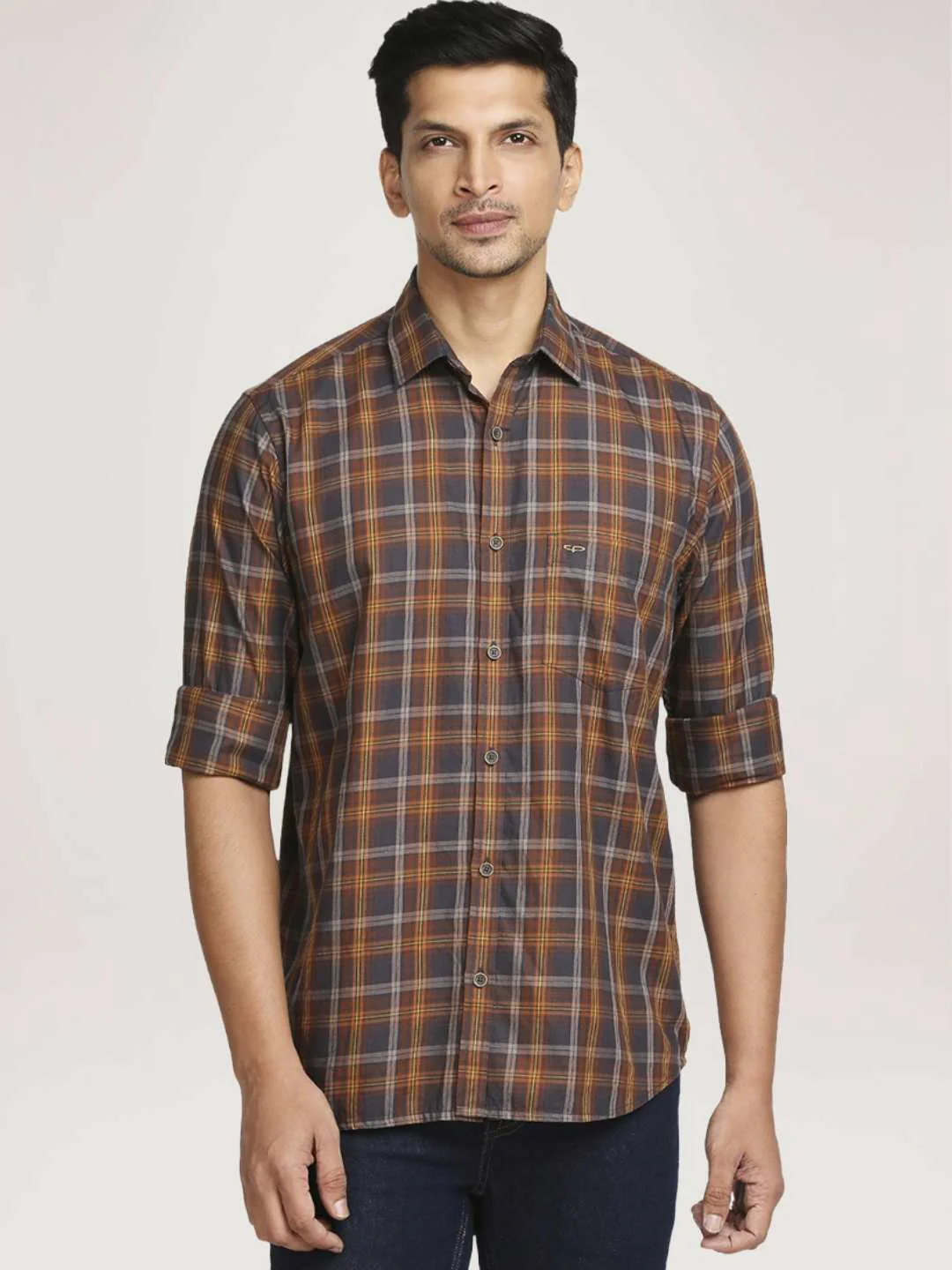Men Brown Tailored Fit Checks Cotton Full Sleeve Shirts - Image 6
