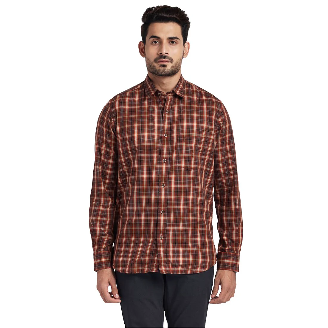 Men Brown Tailored Fit Checks Cotton Full Sleeve Shirts