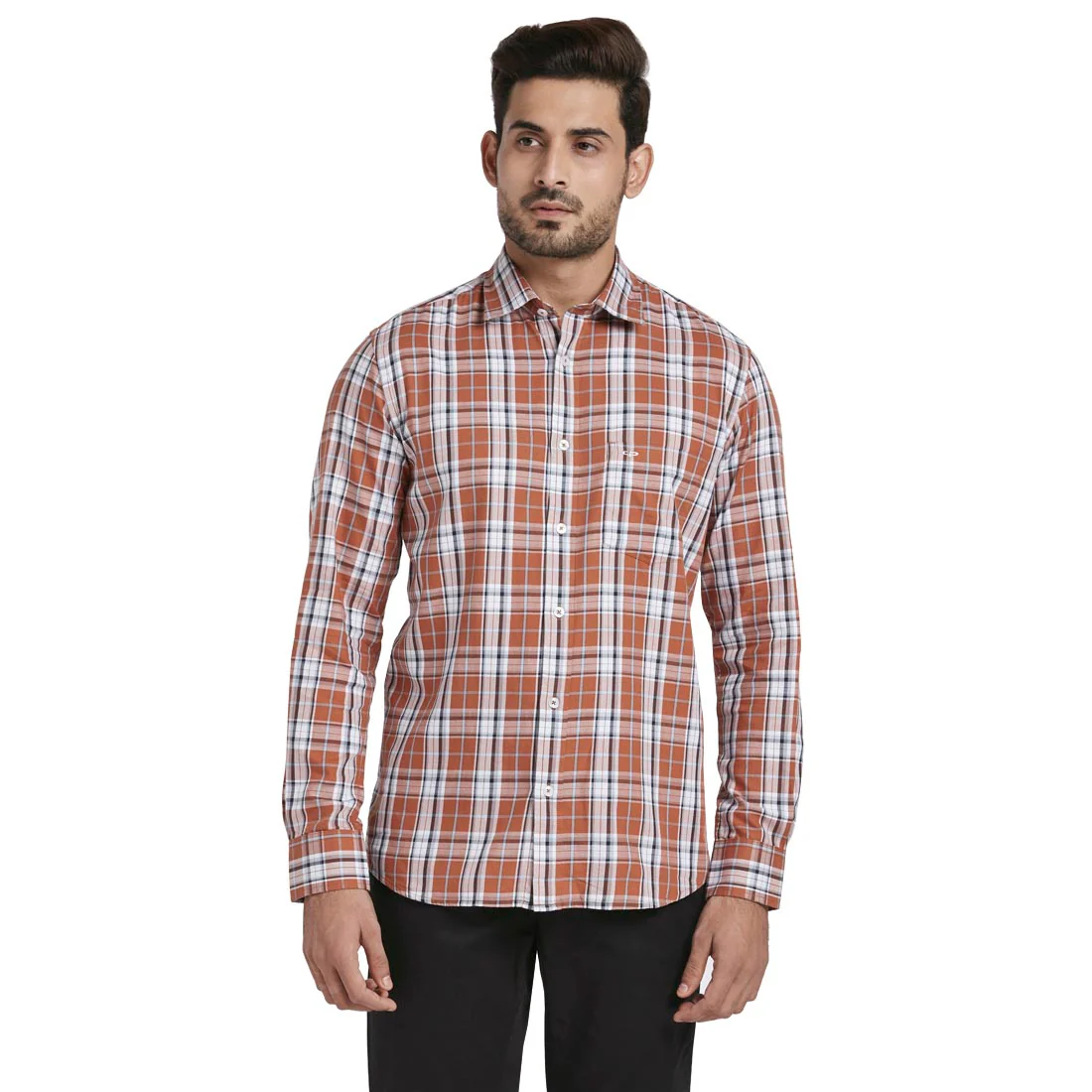 Men Brown Tailored Fit Checks Cotton Full Sleeve Shirts