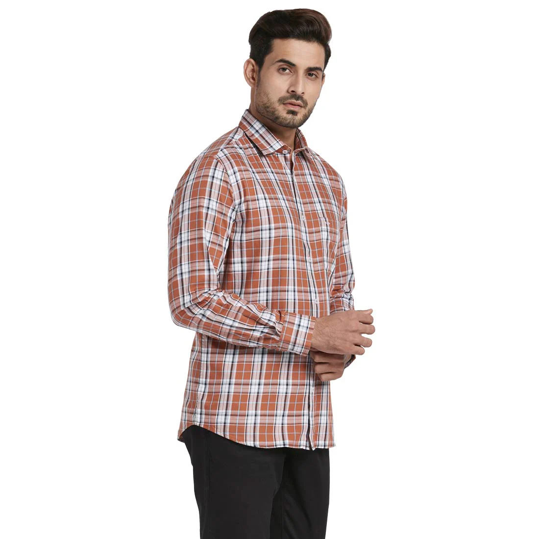 Men Brown Tailored Fit Checks Cotton Full Sleeve Shirts - Image 2
