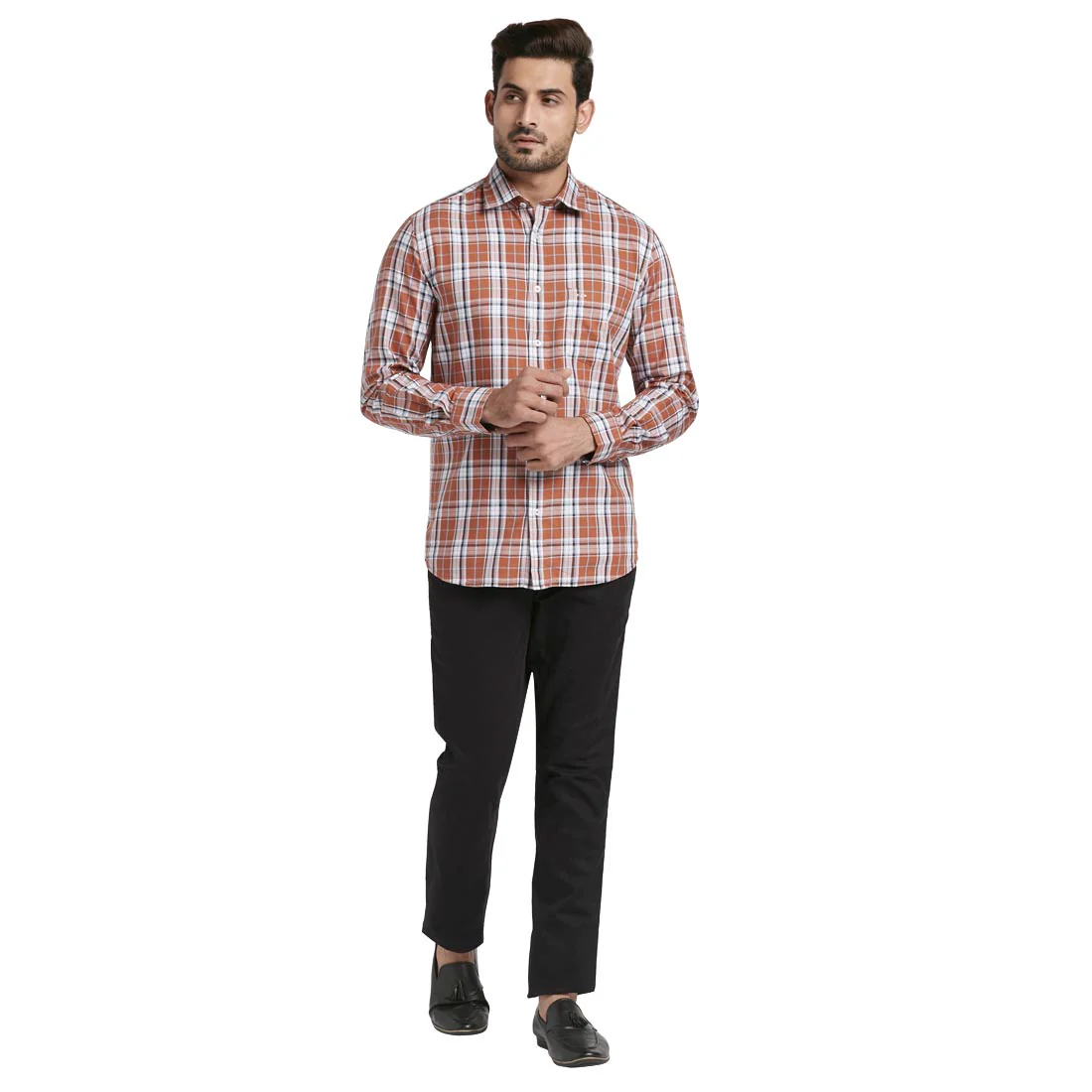 Men Brown Tailored Fit Checks Cotton Full Sleeve Shirts - Image 5