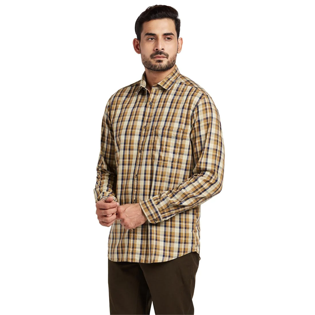 Men Brown Tailored Fit Checks Cotton Full Sleeve Shirts - Image 3