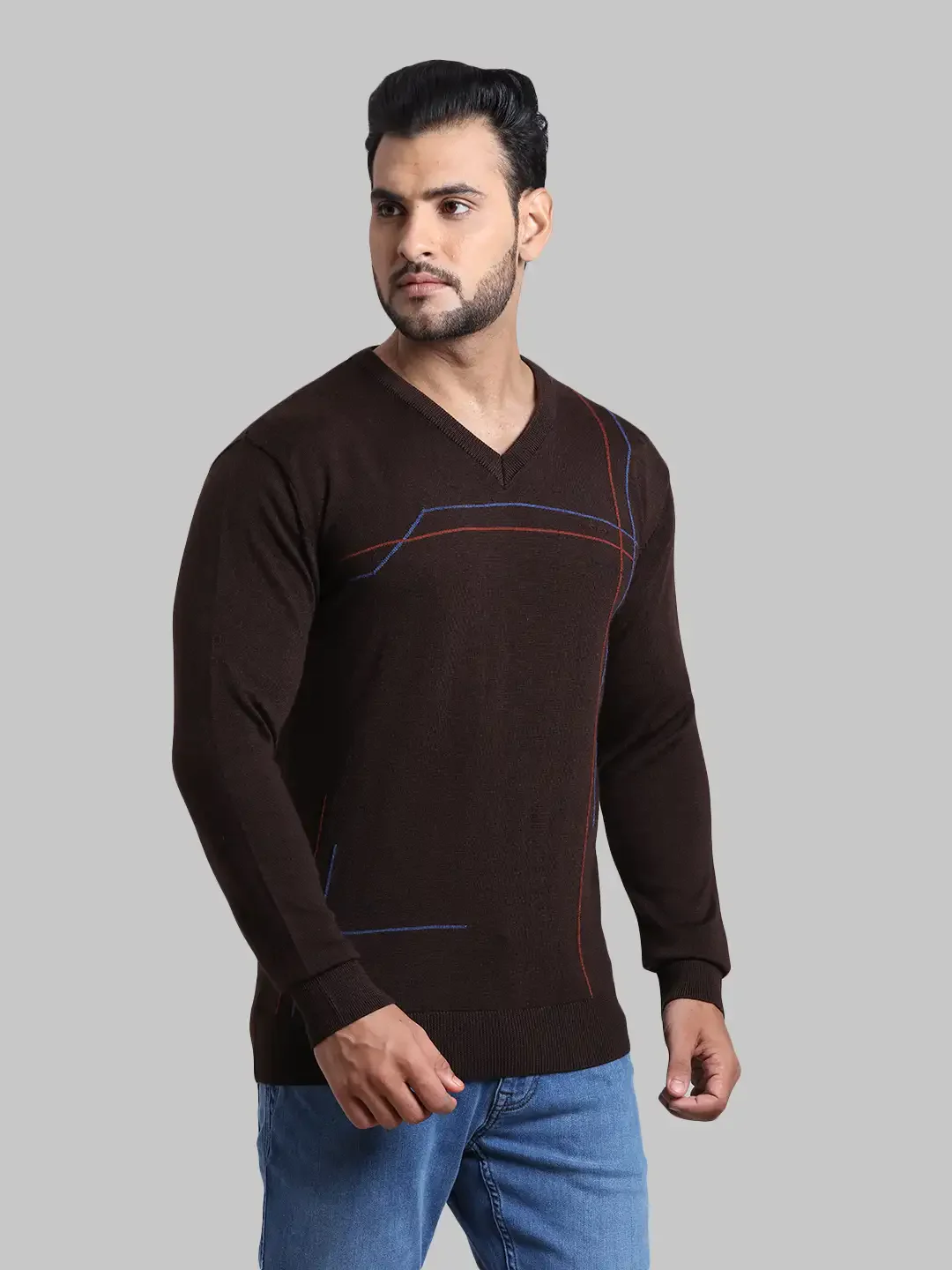 Men Brown Tailored Fit Intarsia Acrylic Wool Blend Full Sleeve V Neck Collar Sweaters - Image 2