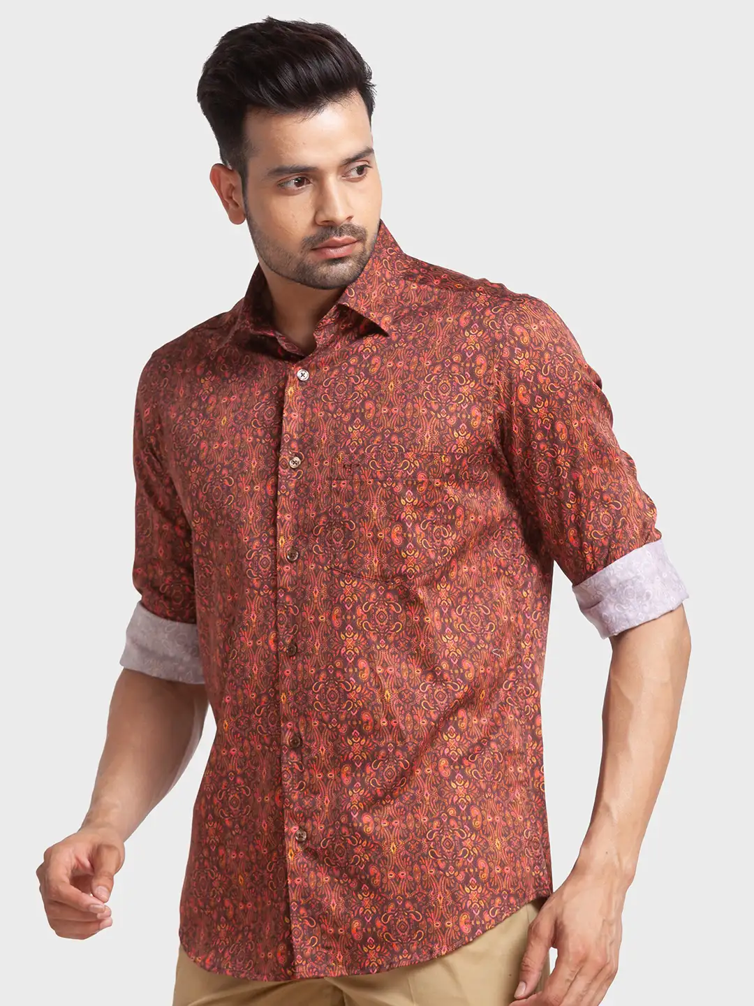 Men Brown Tailored Fit Print Cotton Full Sleeve Shirts - Image 3