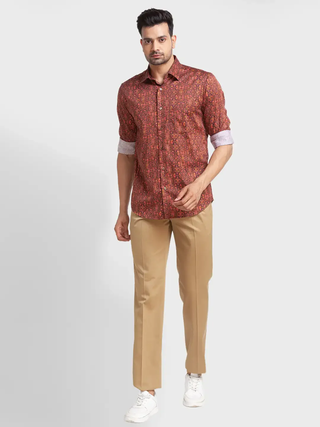 Men Brown Tailored Fit Print Cotton Full Sleeve Shirts - Image 5