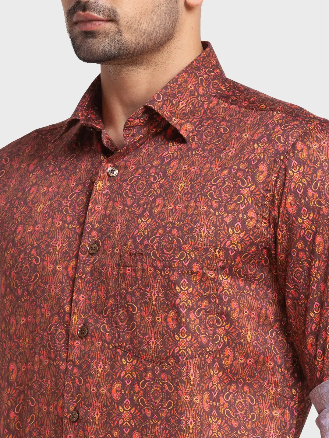 Men Brown Tailored Fit Print Cotton Full Sleeve Shirts - Image 6