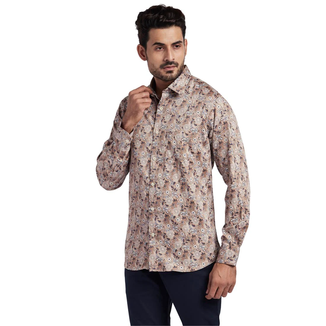 Men Brown Tailored Fit Print Cotton Full Sleeve Shirts - Image 3