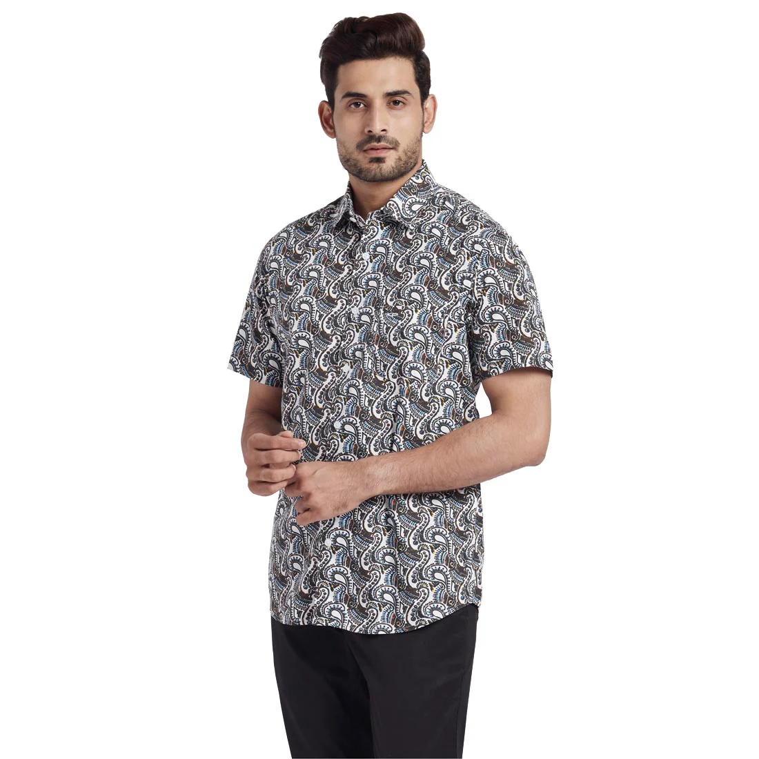 Men Brown Tailored Fit Print Cotton Half Sleeve Shirts - Image 3