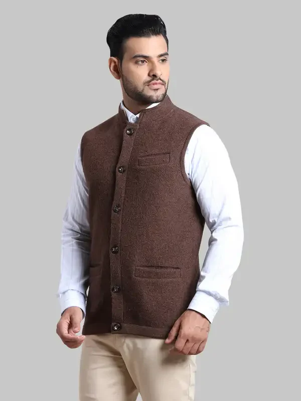 Men Brown Tailored Fit Solid Merino Wool Sleeveless Jackets - Image 3