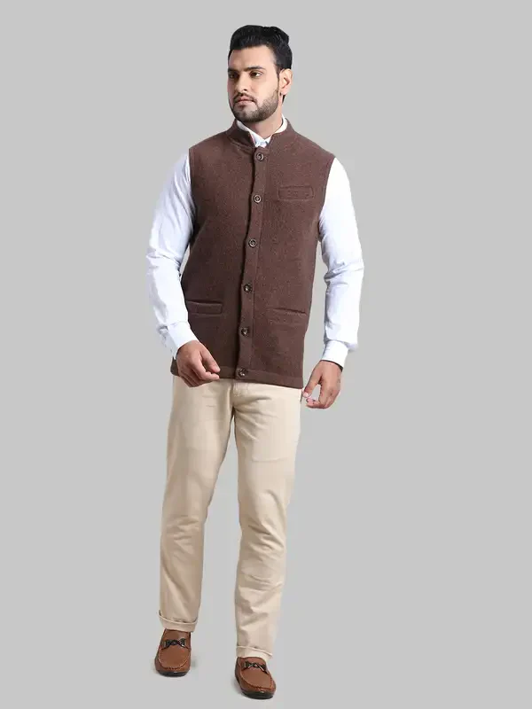 Men Brown Tailored Fit Solid Merino Wool Sleeveless Jackets - Image 5