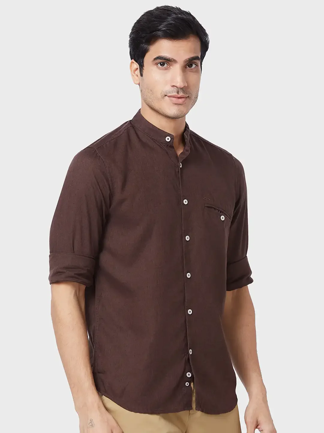 Men Brown Tailored Fit Solid Piece Dyed Linen Blend Full Sleeve Shirts - Image 2