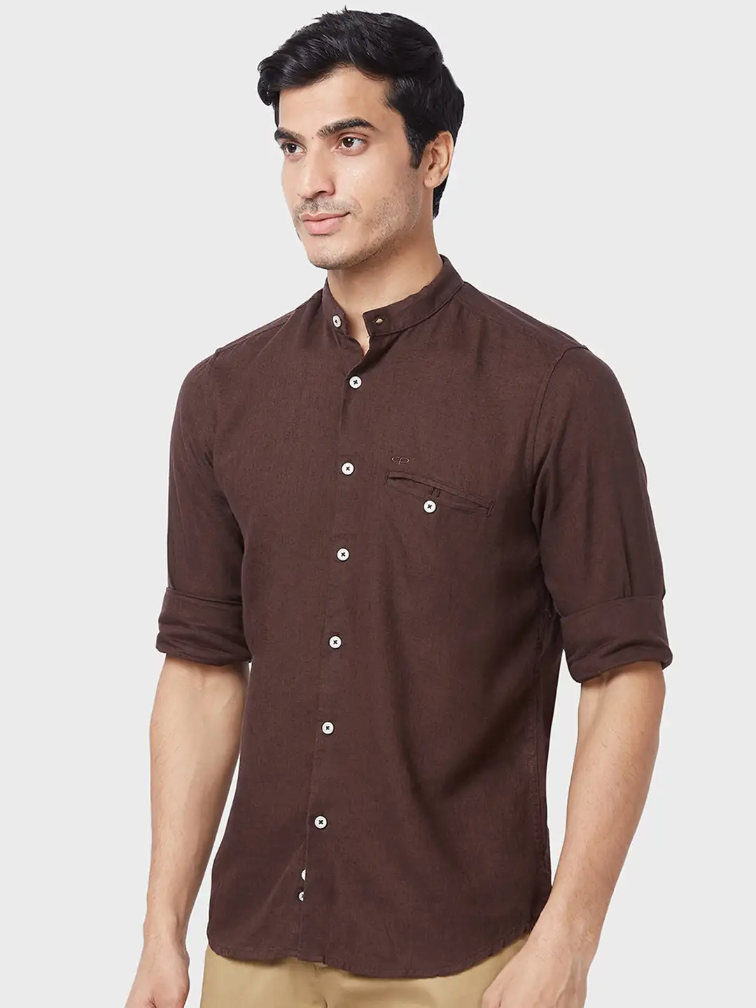 Men Brown Tailored Fit Solid Piece Dyed Linen Blend Full Sleeve Shirts - Image 3
