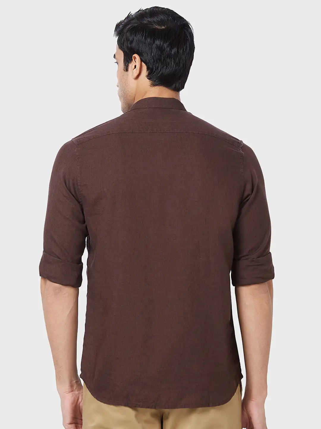 Men Brown Tailored Fit Solid Piece Dyed Linen Blend Full Sleeve Shirts - Image 4