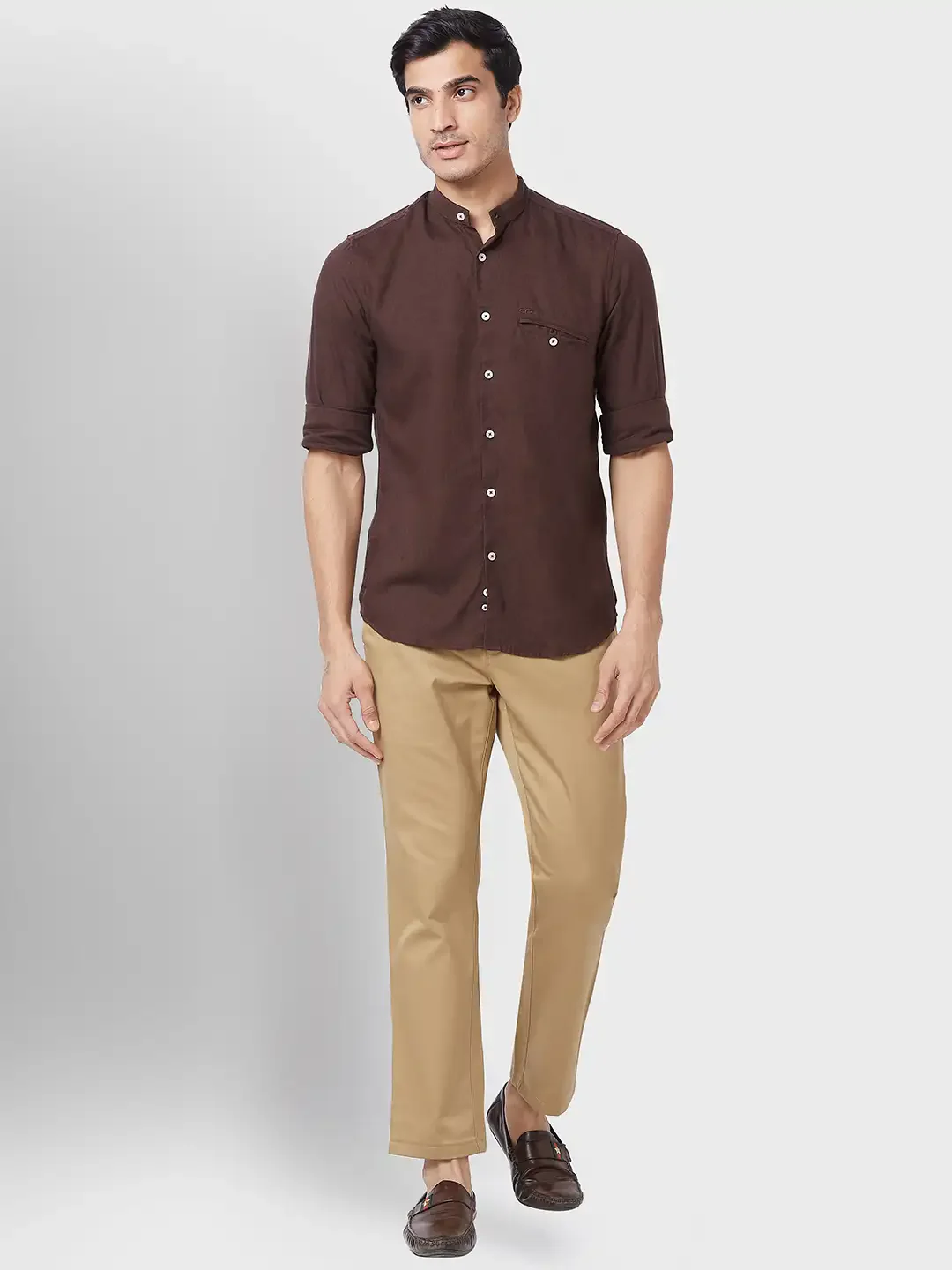 Men Brown Tailored Fit Solid Piece Dyed Linen Blend Full Sleeve Shirts - Image 5