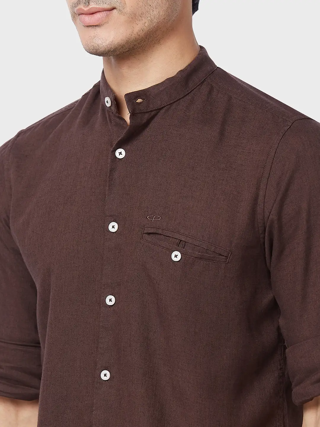 Men Brown Tailored Fit Solid Piece Dyed Linen Blend Full Sleeve Shirts - Image 6