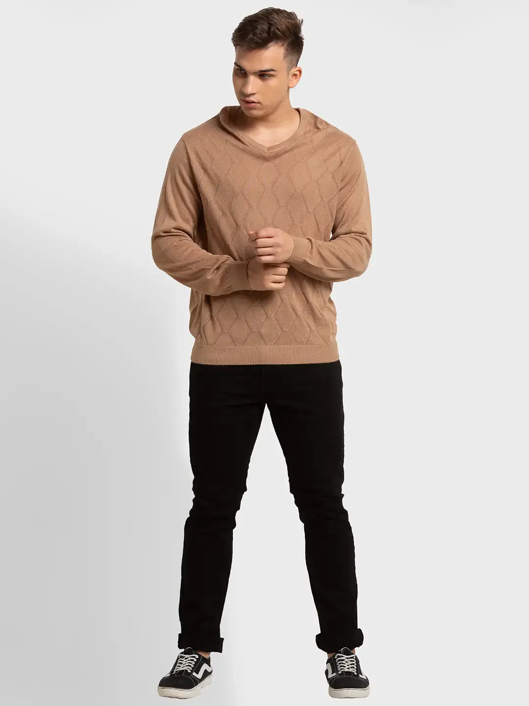 Men Brown Tailored Fit Structure Acrylic Merino Blend Full Sleeve V Neck Collar Sweaters - Image 2