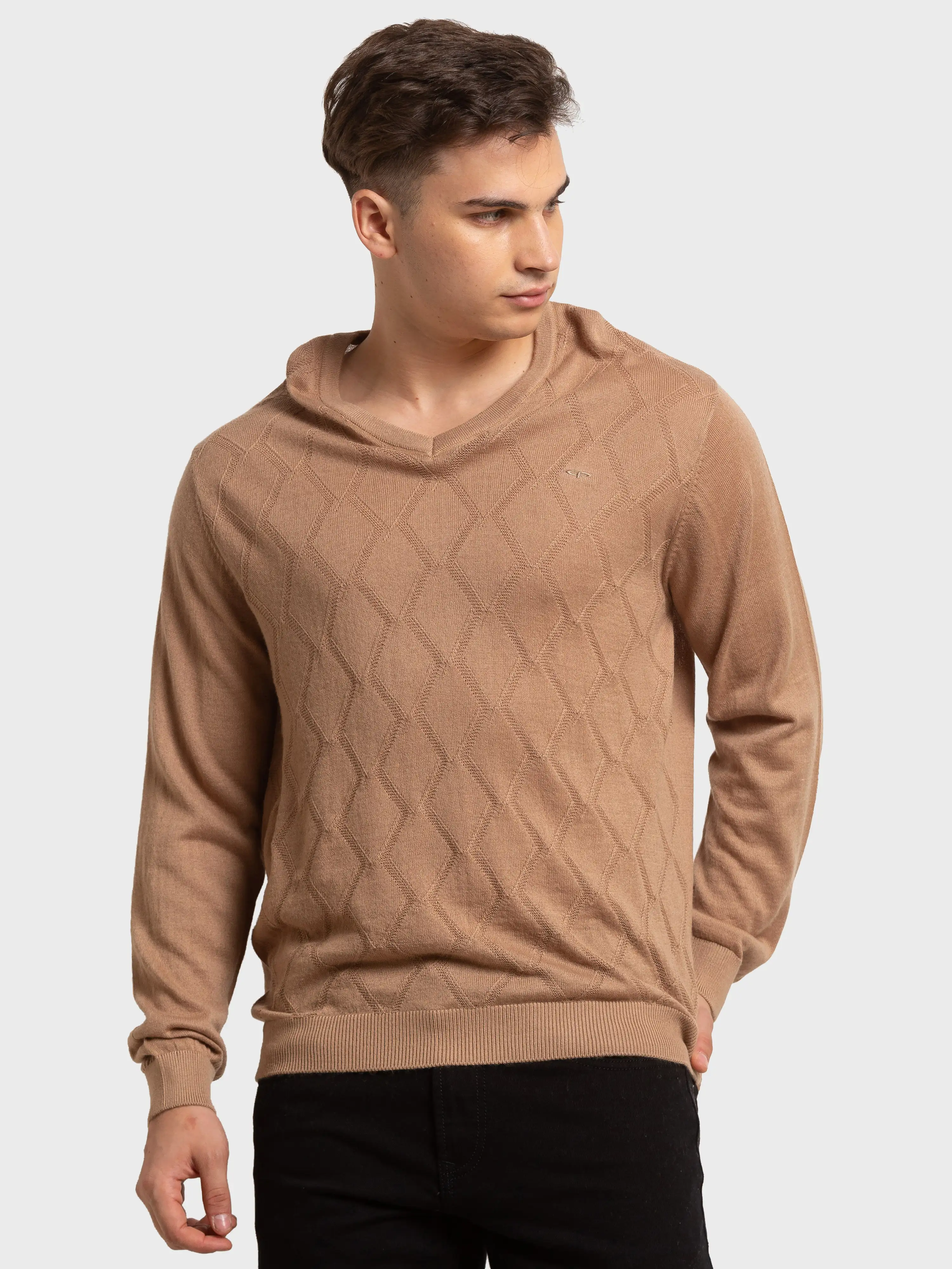 Men Brown Tailored Fit Structure Acrylic Merino Blend Full Sleeve V Neck Collar Sweaters - Image 4