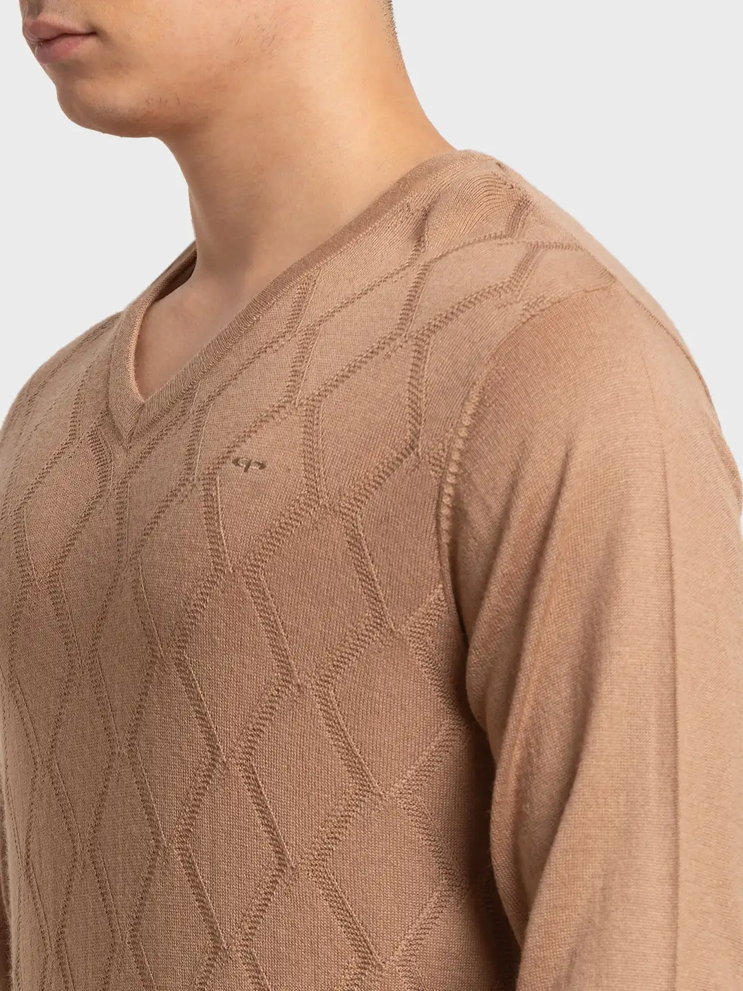 Men Brown Tailored Fit Structure Acrylic Merino Blend Full Sleeve V Neck Collar Sweaters - Image 5