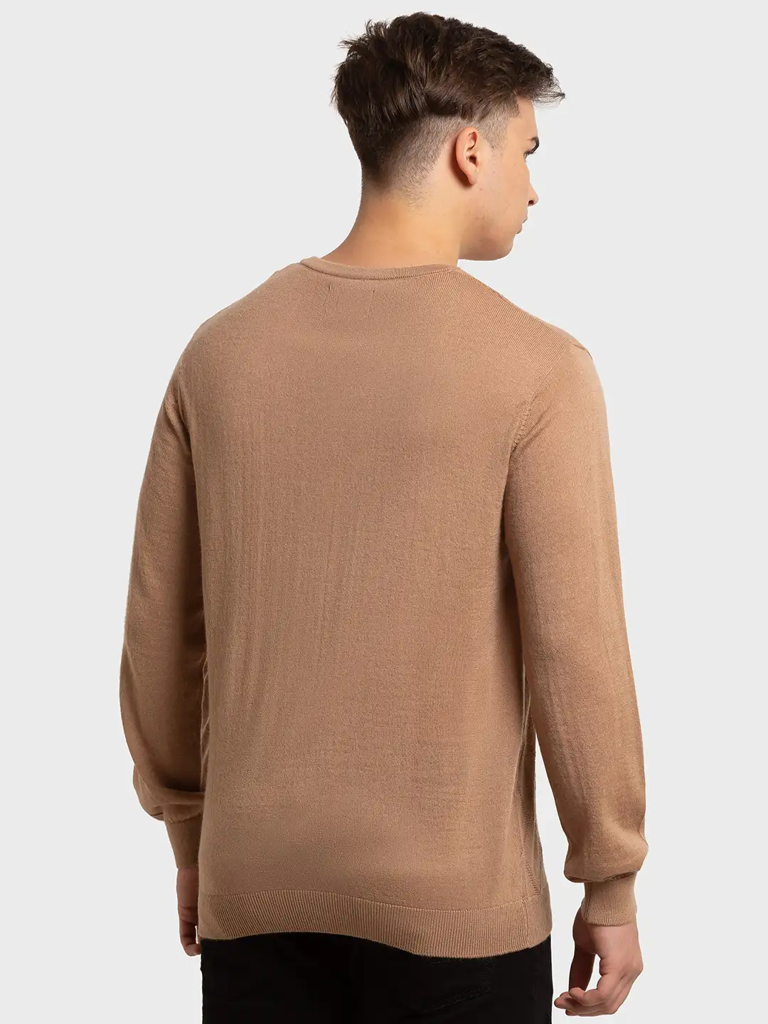 Men Brown Tailored Fit Structure Acrylic Merino Blend Full Sleeve V Neck Collar Sweaters - Image 6