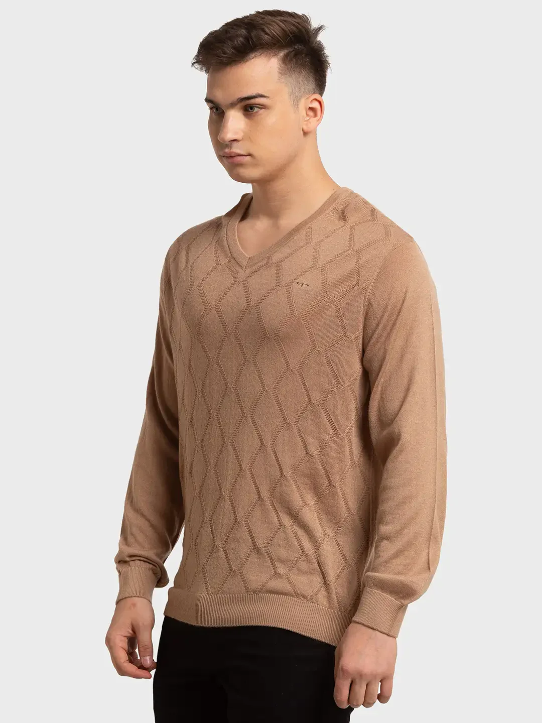 Men Brown Tailored Fit Structure Acrylic Merino Blend Full Sleeve V Neck Collar Sweaters - Image 7