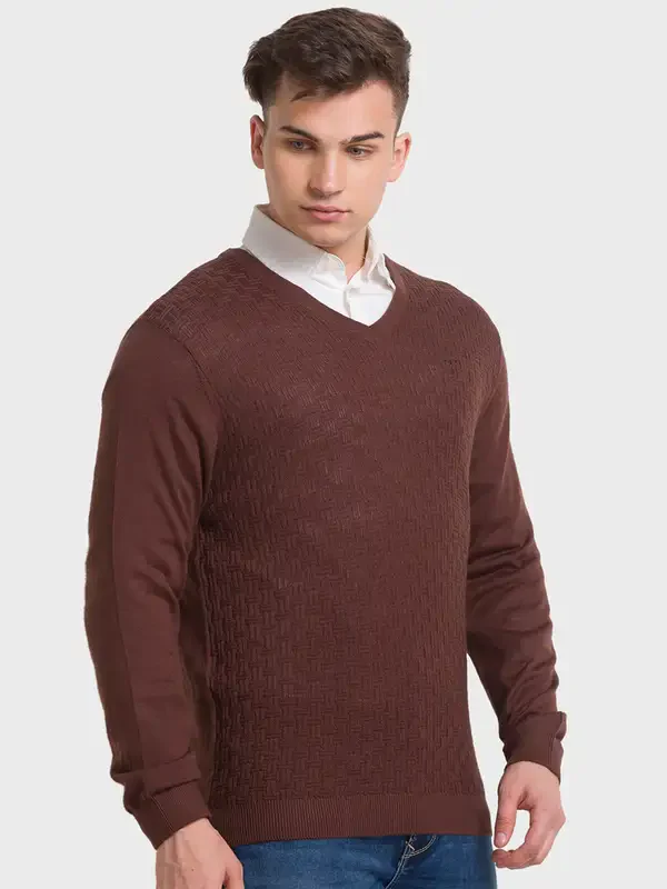 Men Brown Tailored Fit Structure Acrylic Merino Blend Full Sleeve V Neck Collar Sweaters - Image 2
