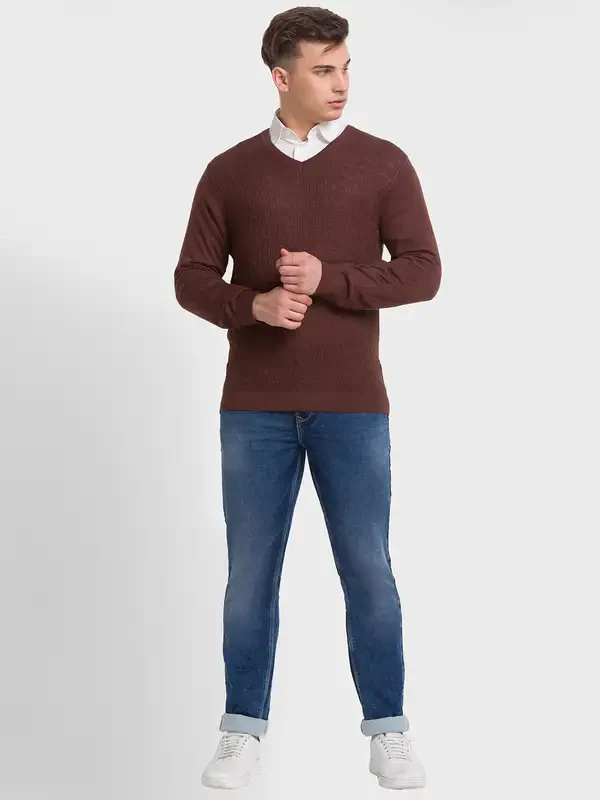 Men Brown Tailored Fit Structure Acrylic Merino Blend Full Sleeve V Neck Collar Sweaters - Image 5
