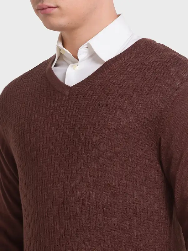 Men Brown Tailored Fit Structure Acrylic Merino Blend Full Sleeve V Neck Collar Sweaters - Image 6
