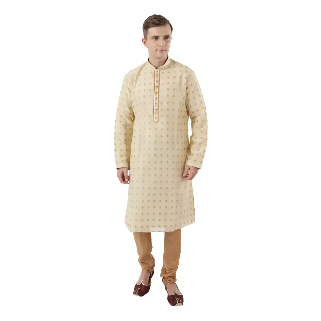 Men Fawn Polyester Blend Kurta