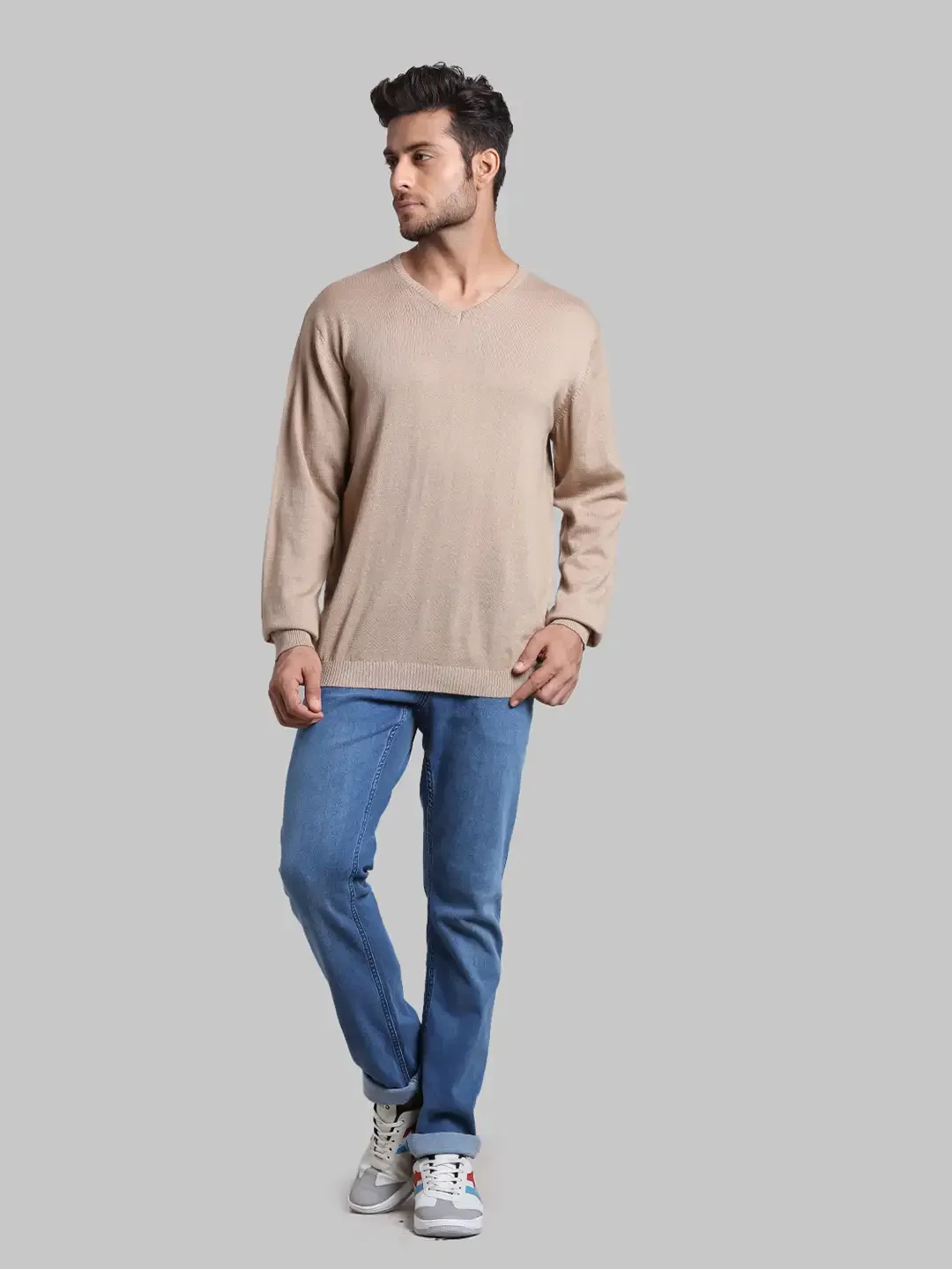 Men Fawn Regular Fit Solid Wool Blend Full Sleeve V Neck Collar Sweaters - Image 5