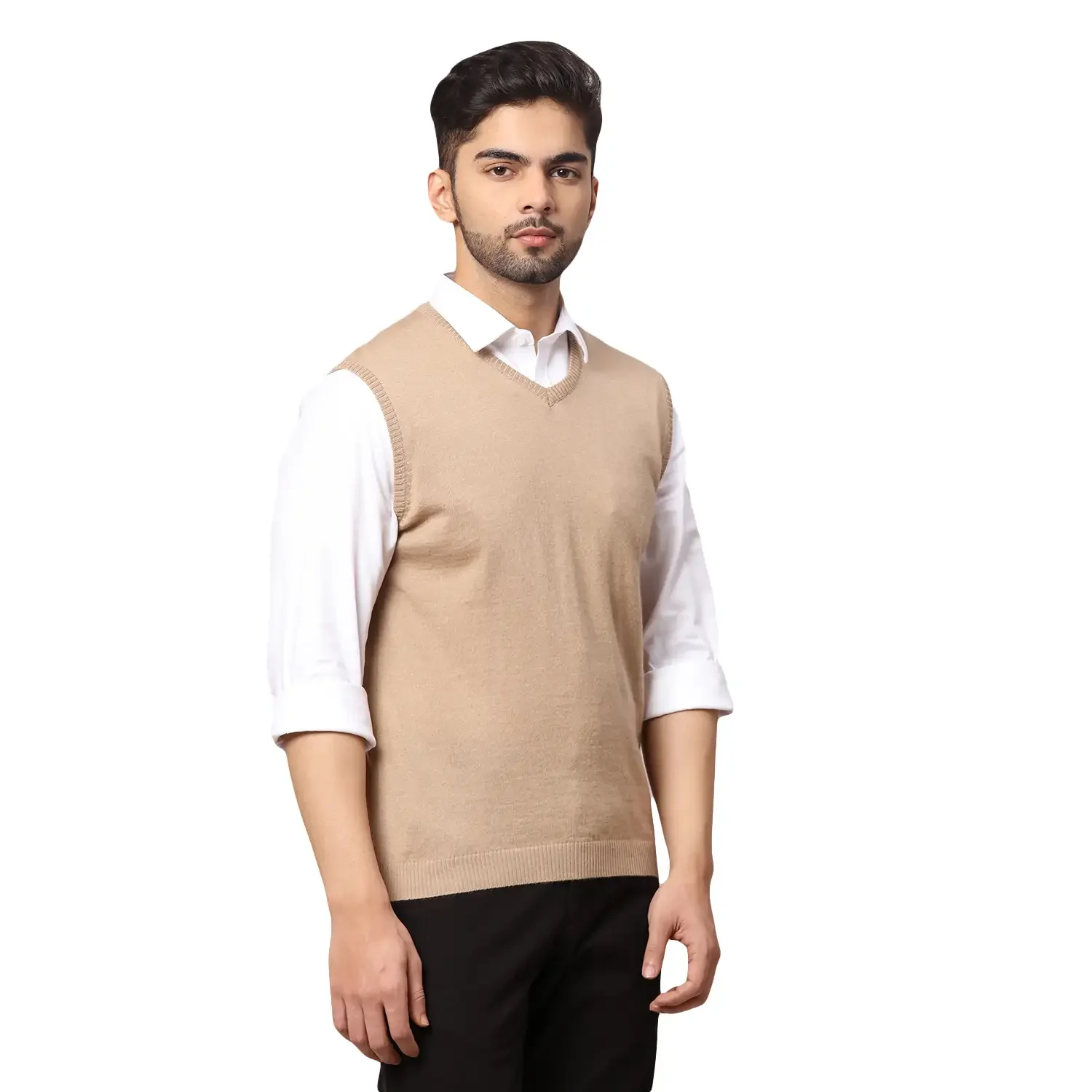 Men Fawn Regular Fit Solid Wool Blend Sleeveless V Neck Collar Sweaters - Image 2