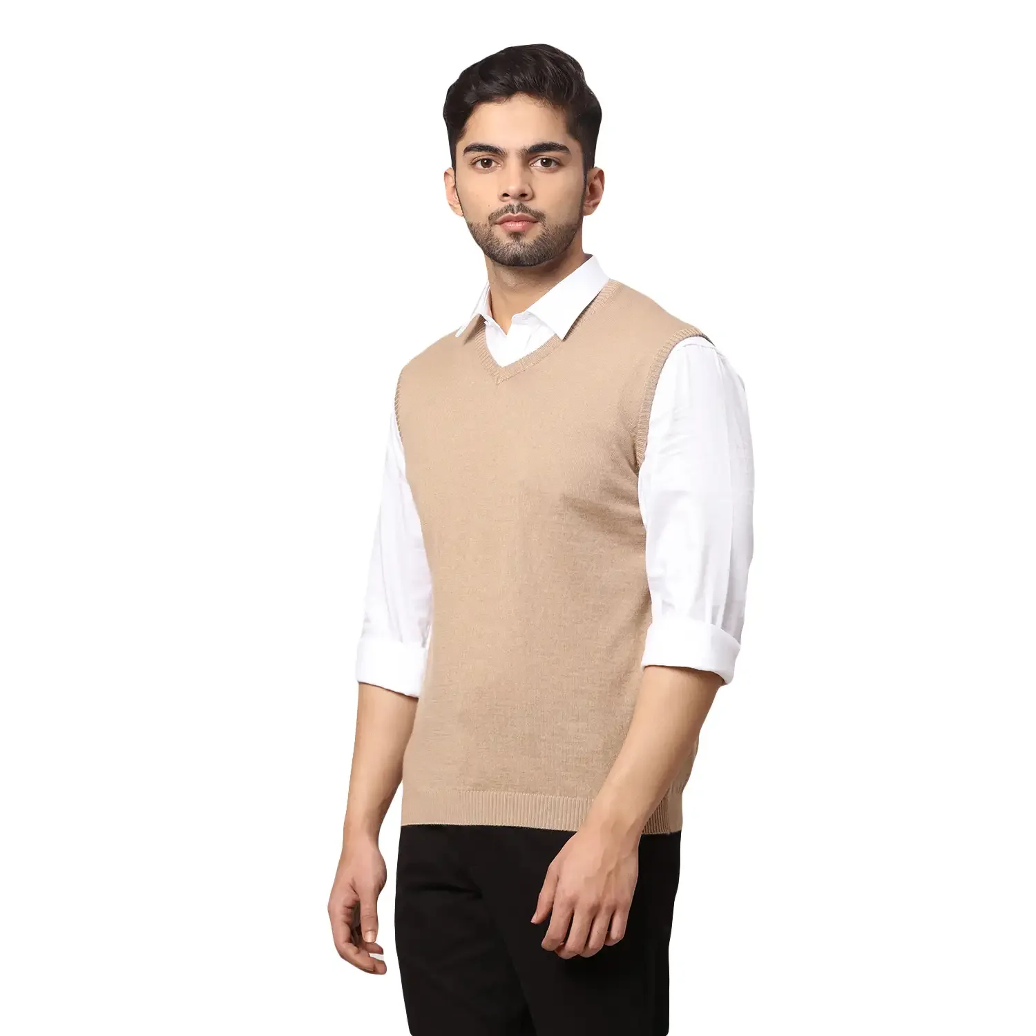 Men Fawn Regular Fit Solid Wool Blend Sleeveless V Neck Collar Sweaters - Image 3