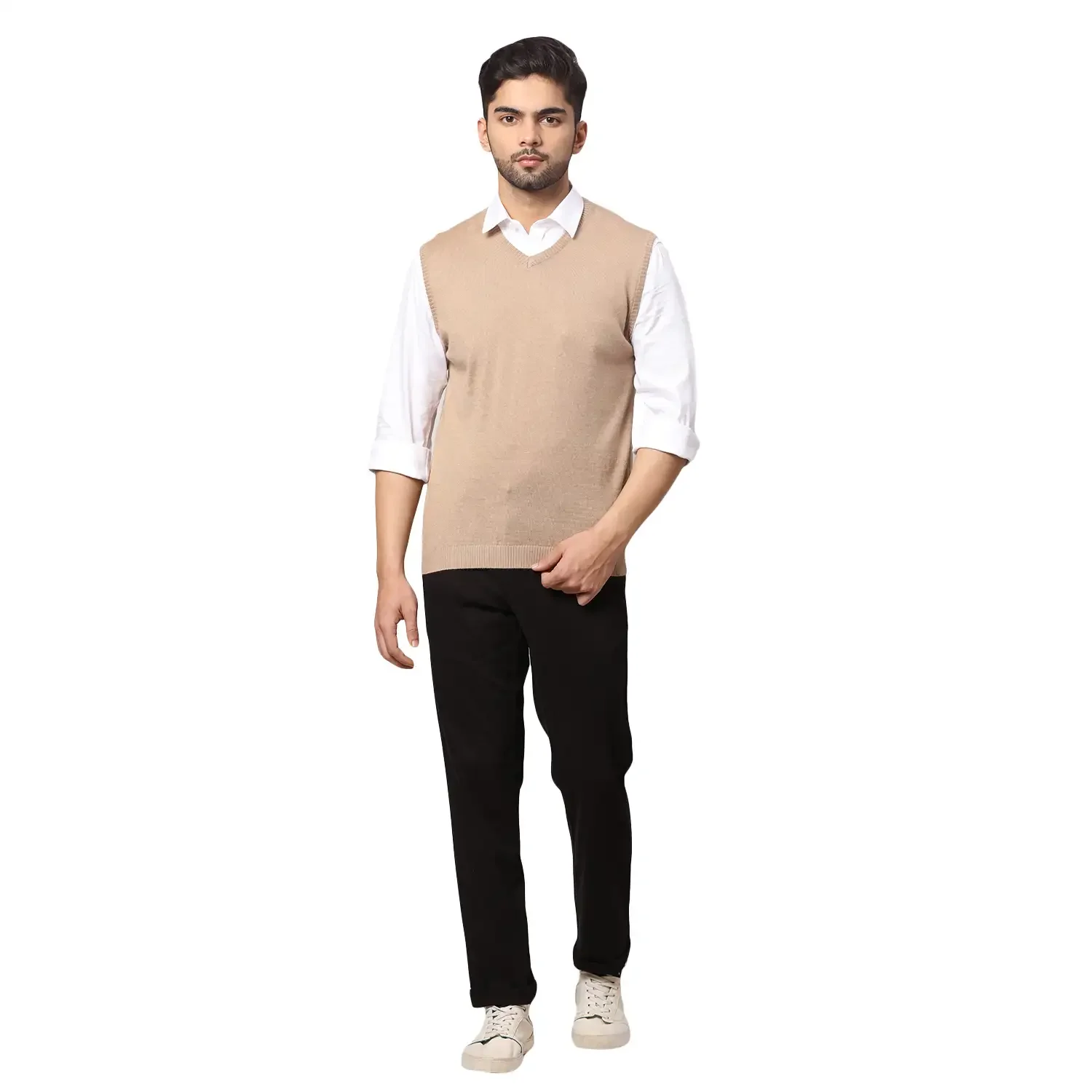 Men Fawn Regular Fit Solid Wool Blend Sleeveless V Neck Collar Sweaters - Image 5