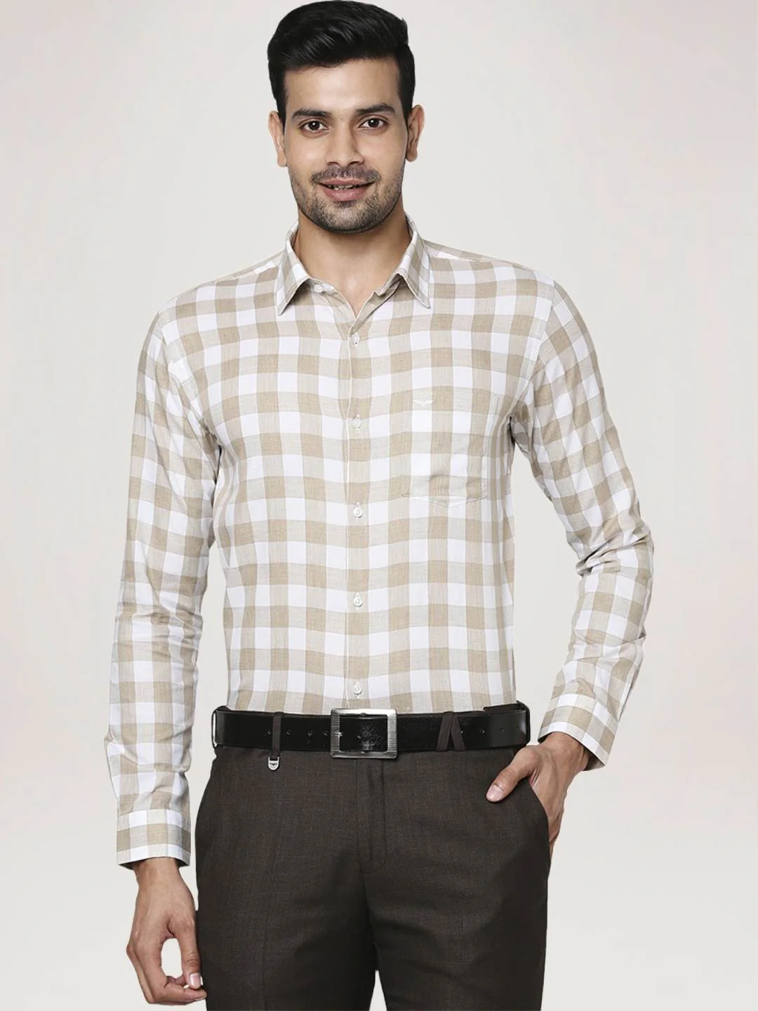Men Fawn Slim Fit Checks Cotton Ainsley Collr Shirts