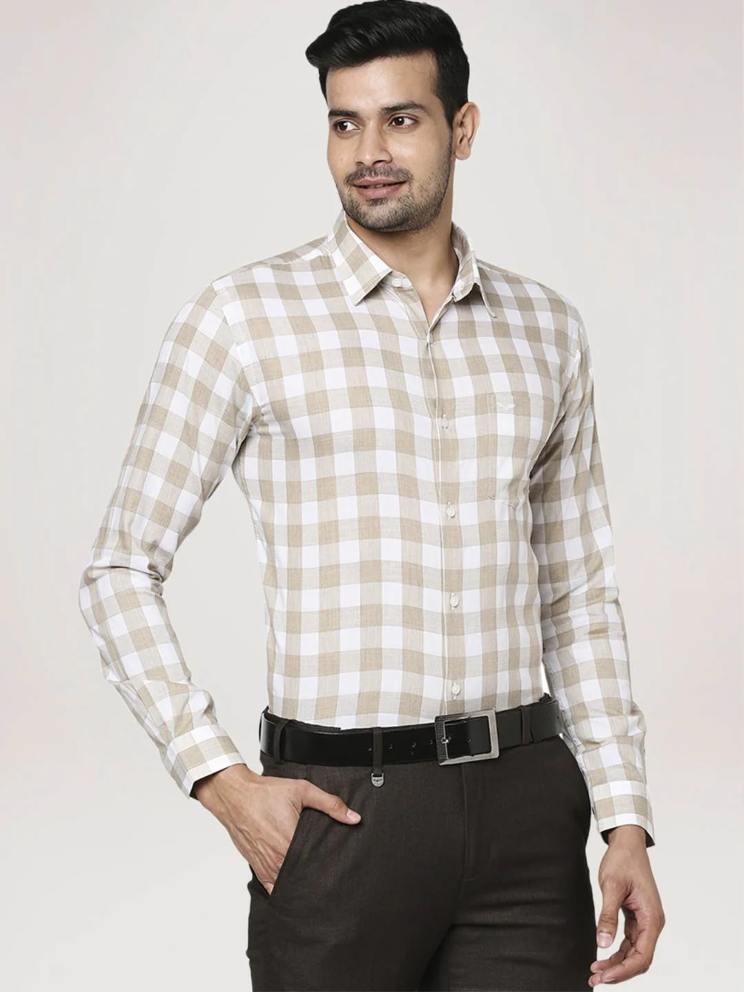 Men Fawn Slim Fit Checks Cotton Ainsley Collr Shirts - Image 5