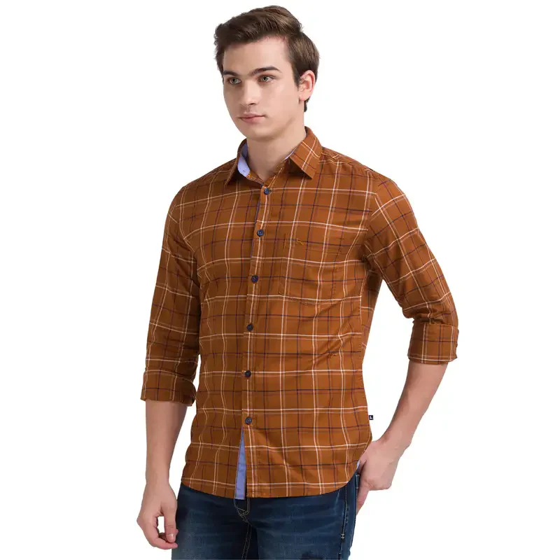 Men Fawn Slim Fit Checks Cotton Full Sleeve Shirts - Image 2
