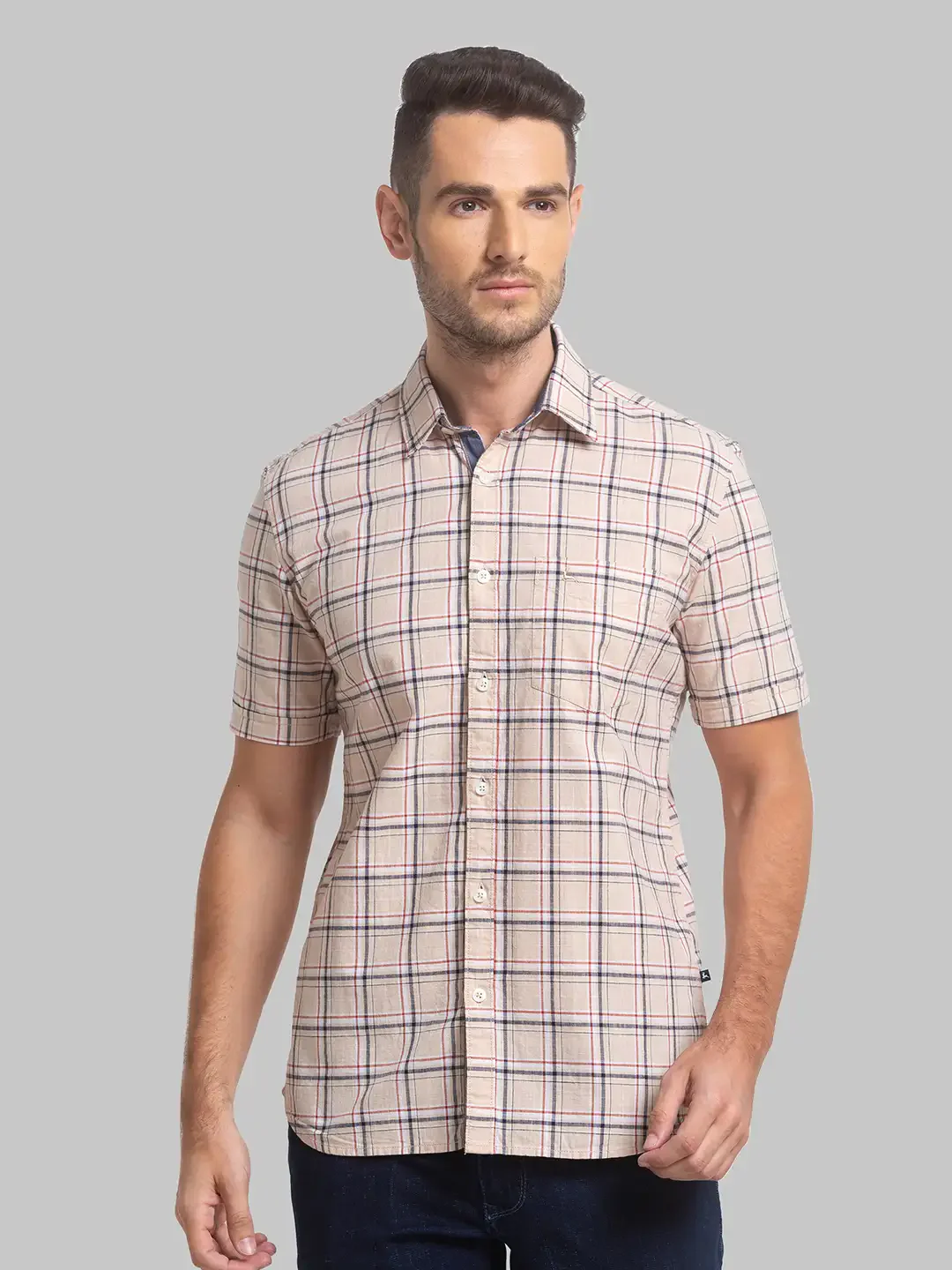 Men Fawn Slim Fit Checks Cotton Half Sleeve Shirts
