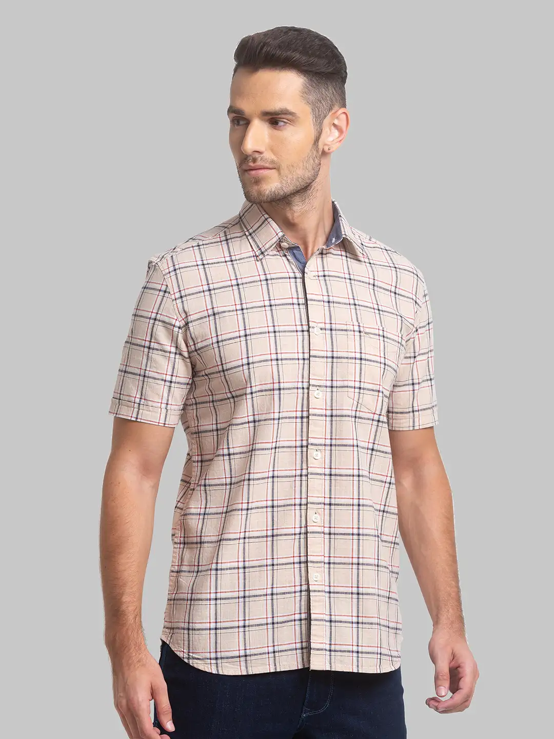 Men Fawn Slim Fit Checks Cotton Half Sleeve Shirts - Image 2