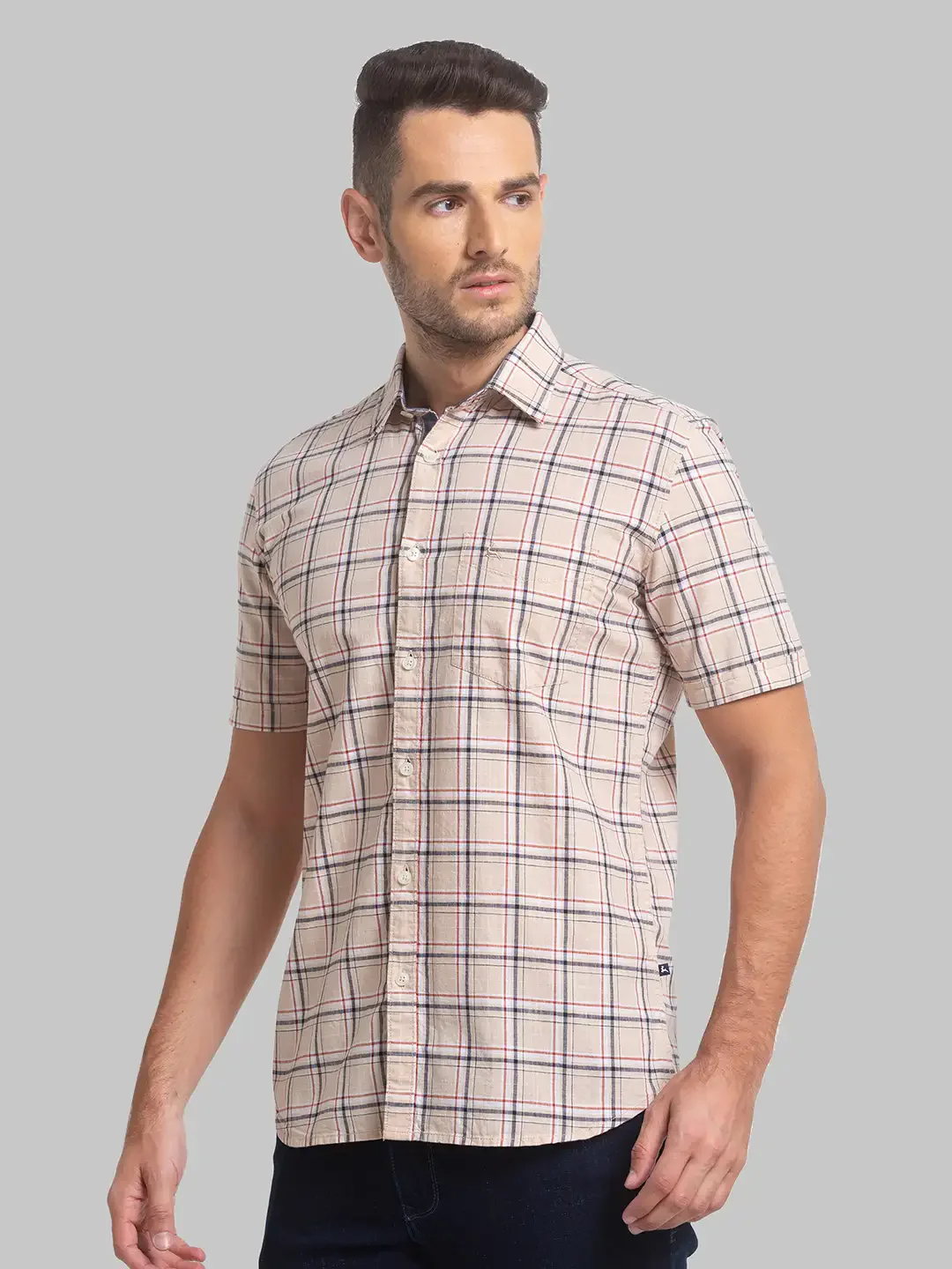 Men Fawn Slim Fit Checks Cotton Half Sleeve Shirts - Image 3