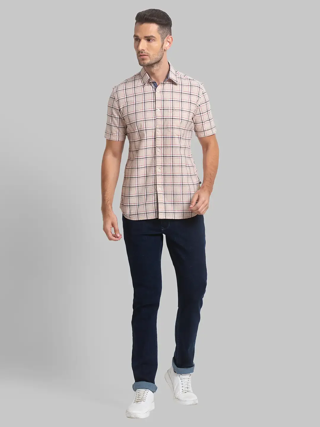 Men Fawn Slim Fit Checks Cotton Half Sleeve Shirts - Image 5