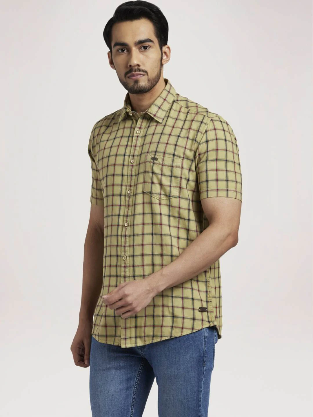 Men Fawn Slim Fit Checks Cotton Half Sleeve Shirts - Image 4