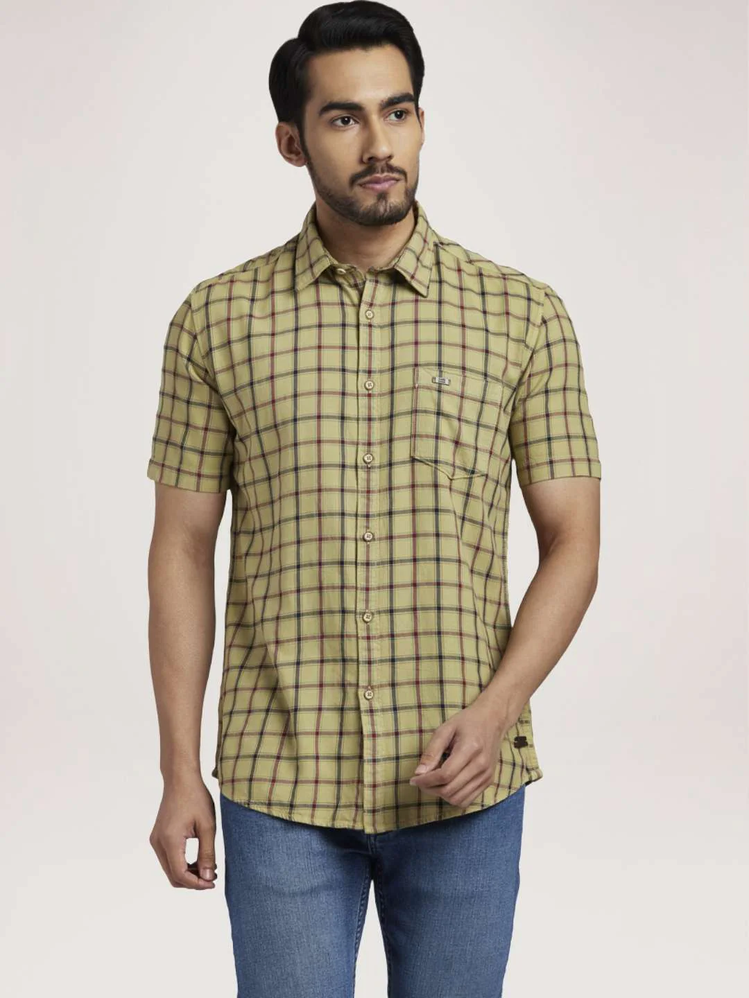 Men Fawn Slim Fit Checks Cotton Half Sleeve Shirts - Image 6