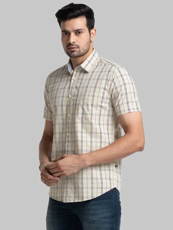 Men Fawn Slim Fit Checks Cotton Half Sleeve Shirts - Image 3