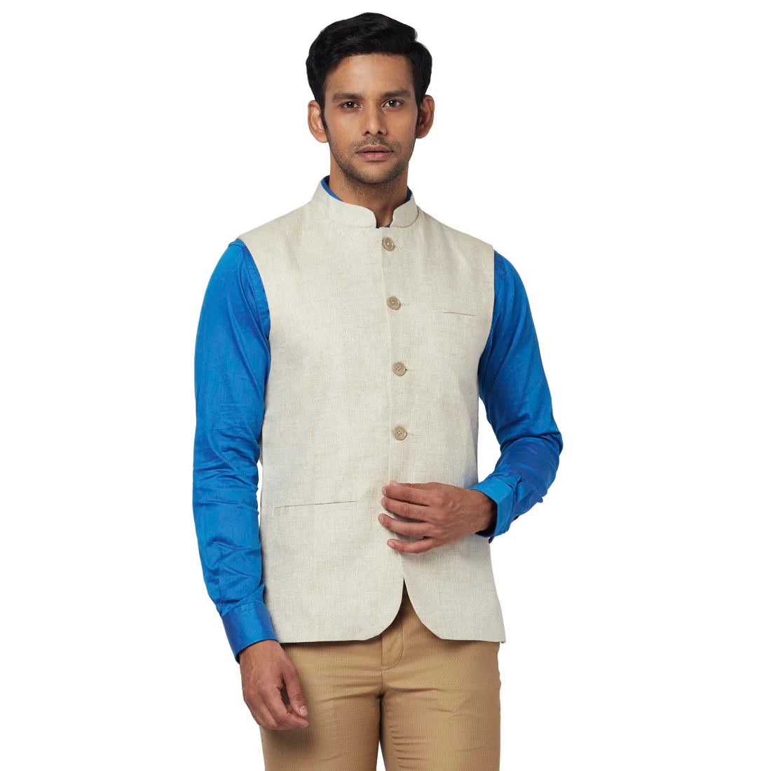 Men Fawn Slim Fit Plain Linen Waist Coat