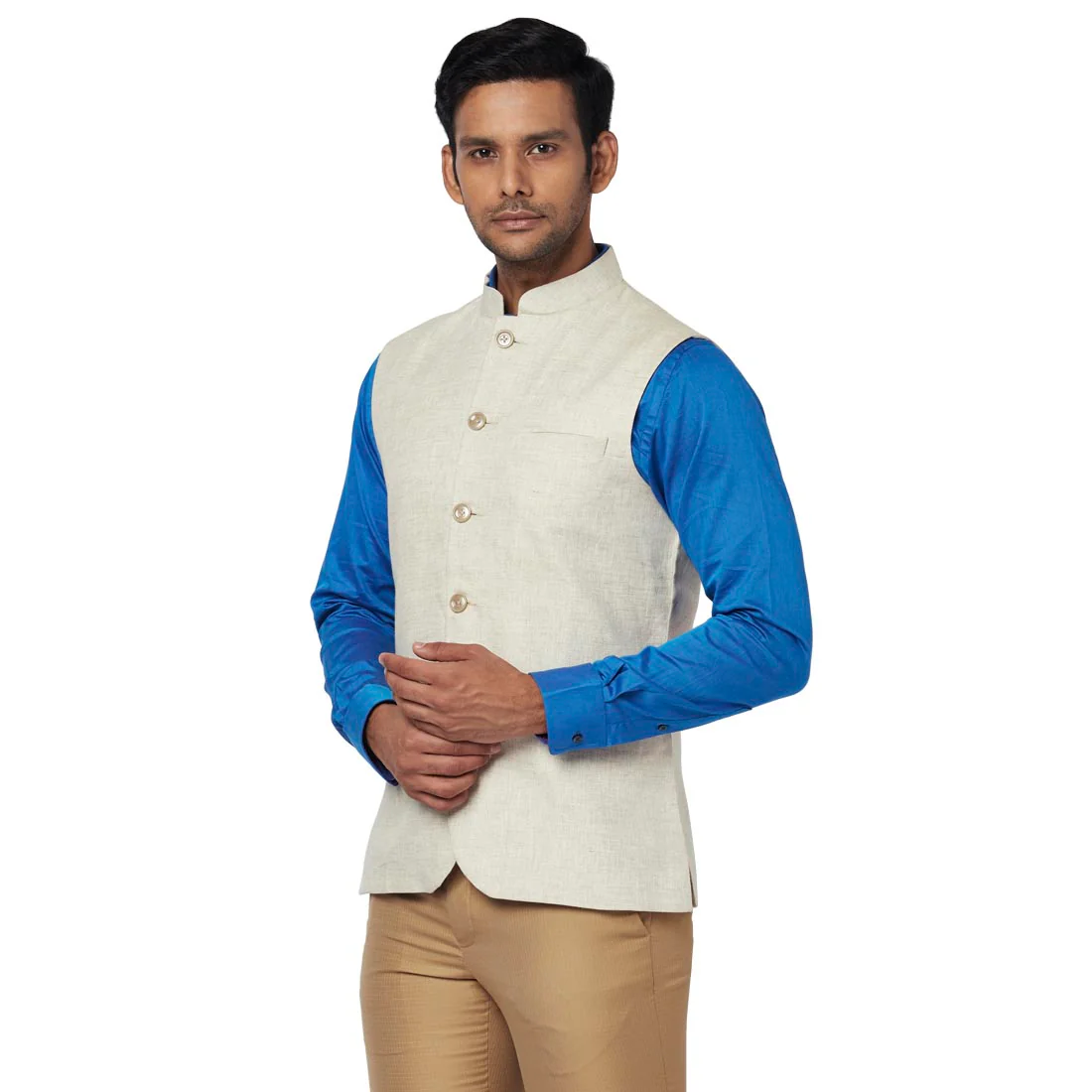 Men Fawn Slim Fit Plain Linen Waist Coat - Image 3