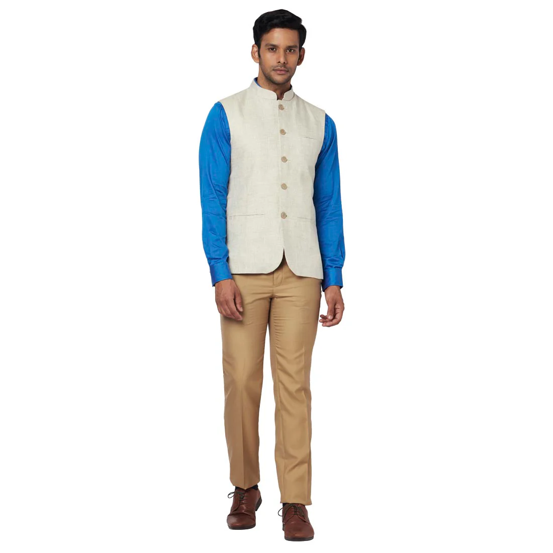 Men Fawn Slim Fit Plain Linen Waist Coat - Image 5