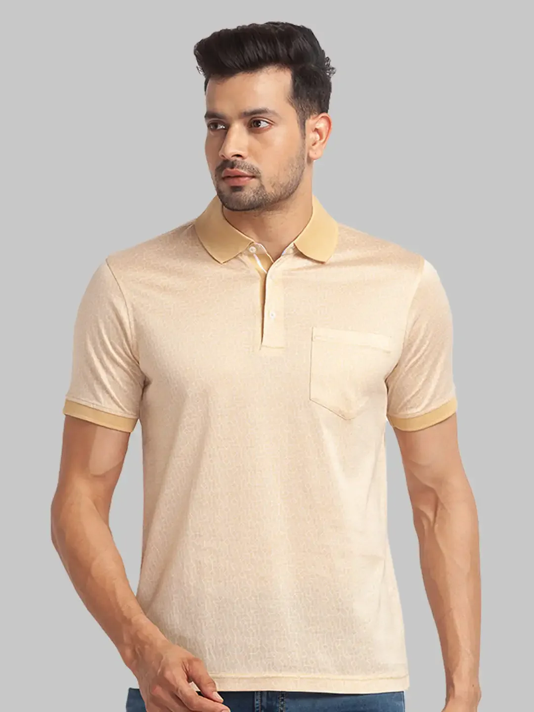 Men Fawn Slim Fit Solid Cotton Round Neck Collar Polo T-Shirt