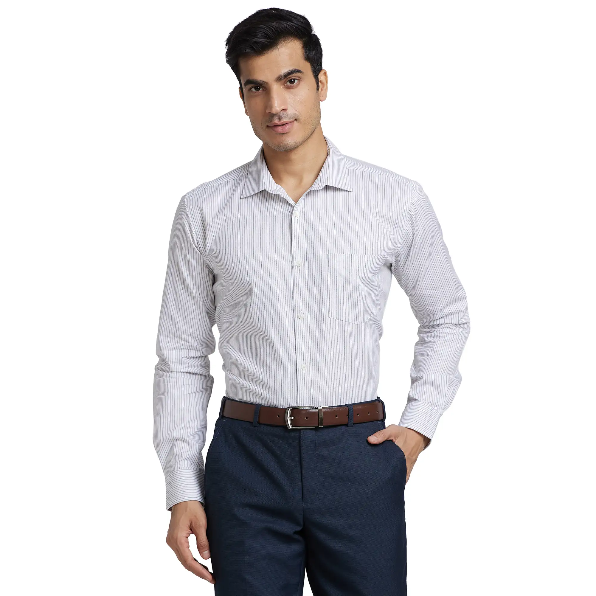 Park Avenue Men Brown Striped Slim Fit Cotton Formal Shirt