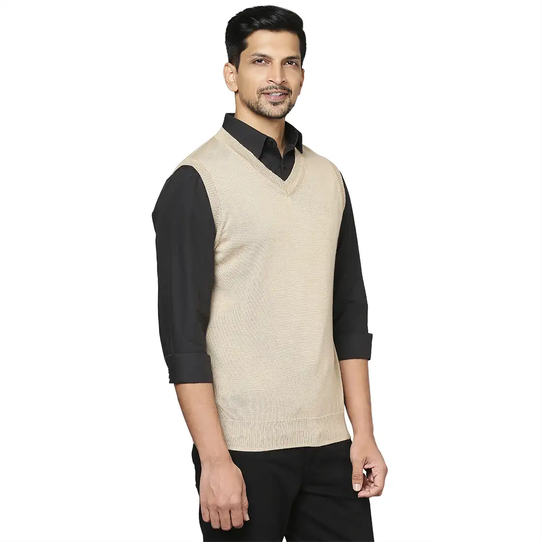 Men Fawn Solid Merino Wool V Neck Collar Sweaters - Image 2