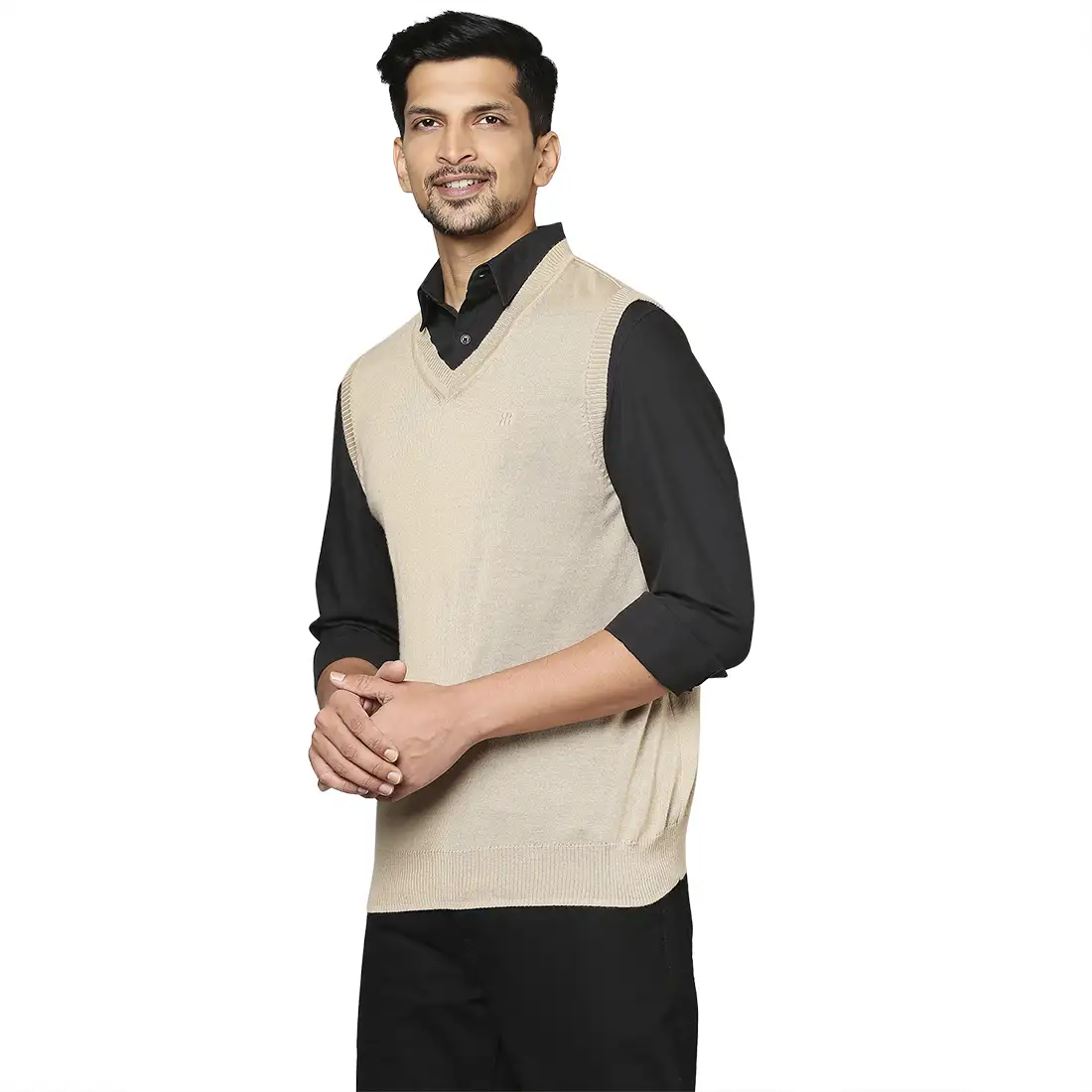 Men Fawn Solid Merino Wool V Neck Collar Sweaters - Image 3