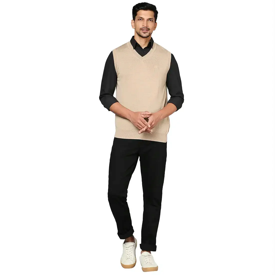 Men Fawn Solid Merino Wool V Neck Collar Sweaters - Image 5